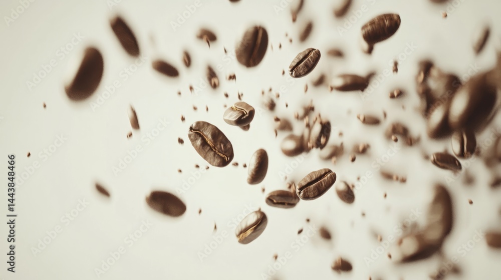 Fototapeta premium Abstract scene of coffee beans in motion, symbolizing energy and freshness, clean white background generative ai