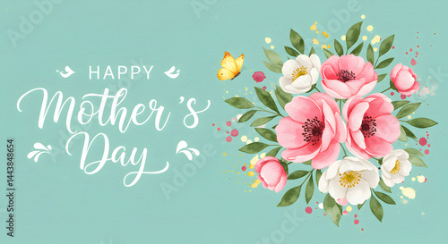 Happy mother's day floral greeting card with pink flowers and butterfly on a light blue background