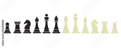 Set of chess pieces  vector illustration. Realistic all chess black and white collection. Chessmen, queen and king, knight or horse, rook, bishop and pawn. Strategy intellectual board game figures
