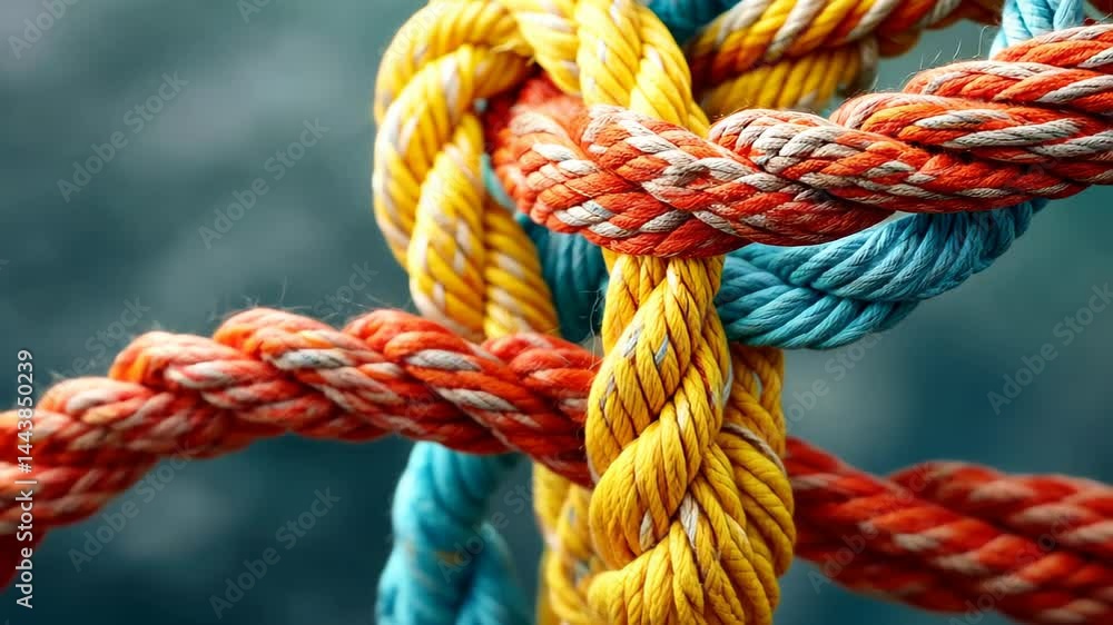 Intertwined Resilience: A captivating close-up view reveals the vibrant colors and complex arrangement of ropes interwoven together, highlighting strength, unity, and intricate design. Intertwined Resilience: A captivating close-up view reveals the vibrant colors and complex arrangement of ropes interwoven together, highlighting strength, unity, and intricate design.