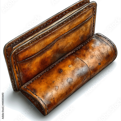 illustration of Leather Wallet With Embossed Design, watercolor vector, isolated on a white background.
