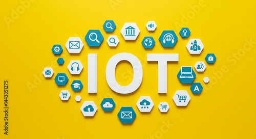 White iot letters surrounded by blue hexagon icons on a yellow background showing internet of things