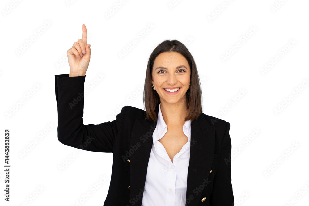 Cheerful manager pointing her index finger up on transparent background Cheerful manager pointing her index finger up on transparent background