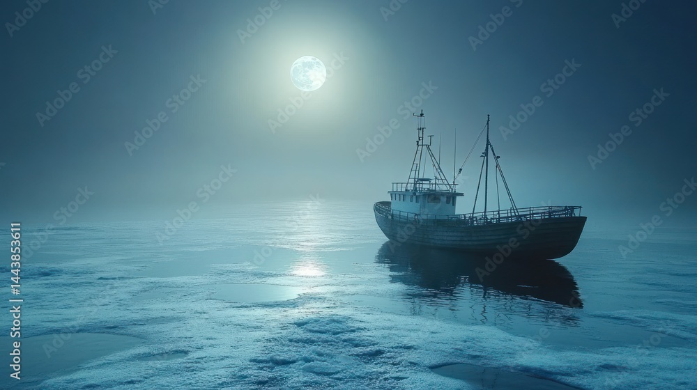 Obraz premium Moonlit fishing boat, icy sea, night