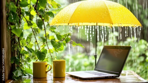 Rainy day laptop work, window view