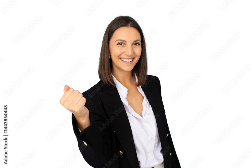 Cheerful manager celebrating success with fist gesture, isolated on transparent background, ideal for easy integration into projects Cheerful manager celebrating success with fist gesture, isolated on transparent background, ideal for easy integration into projects