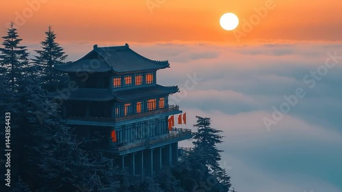 Wallpaper Mural Sunrise over mountain temple Torontodigital.ca