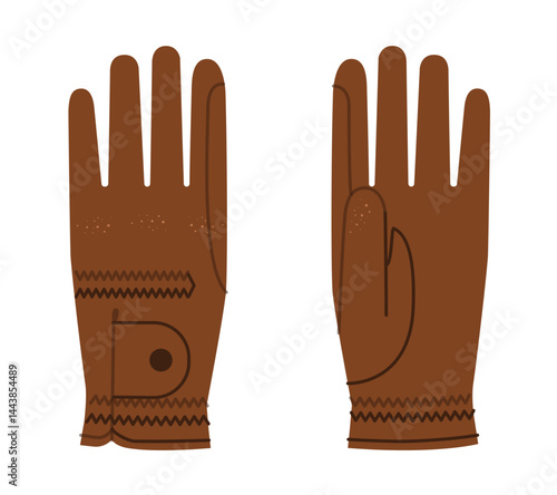 Equestrian Gloves Horse riding brown cartoon Fashion hand accessory clothing technical illustration garment. Vector front palm back view for Men, women, unisex style flat template on white background