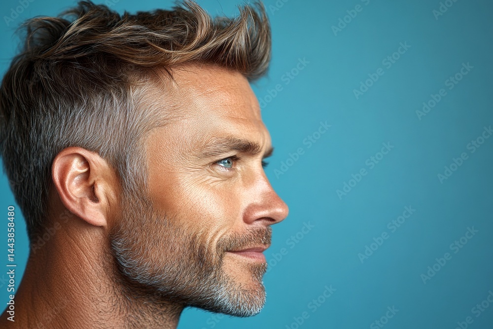 Obraz premium Blue solid background. Fashionable men's layered waves haircut - midlife white man with blond hair. Idea of style for aging men. A strong and confident man with an engaging smile.