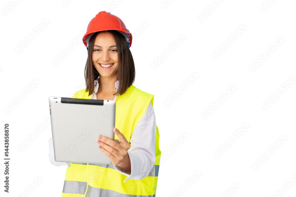 Young architect wearing safety helmet and vest using digital tablet with transparent background Young architect wearing safety helmet and vest using digital tablet with transparent background
