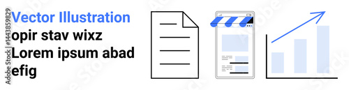 Document, mobile storefront interface, and upward graph symbolizing content creation, e-commerce, and analytics. Ideal for business, marketing, content strategy, e-commerce data insights analytics