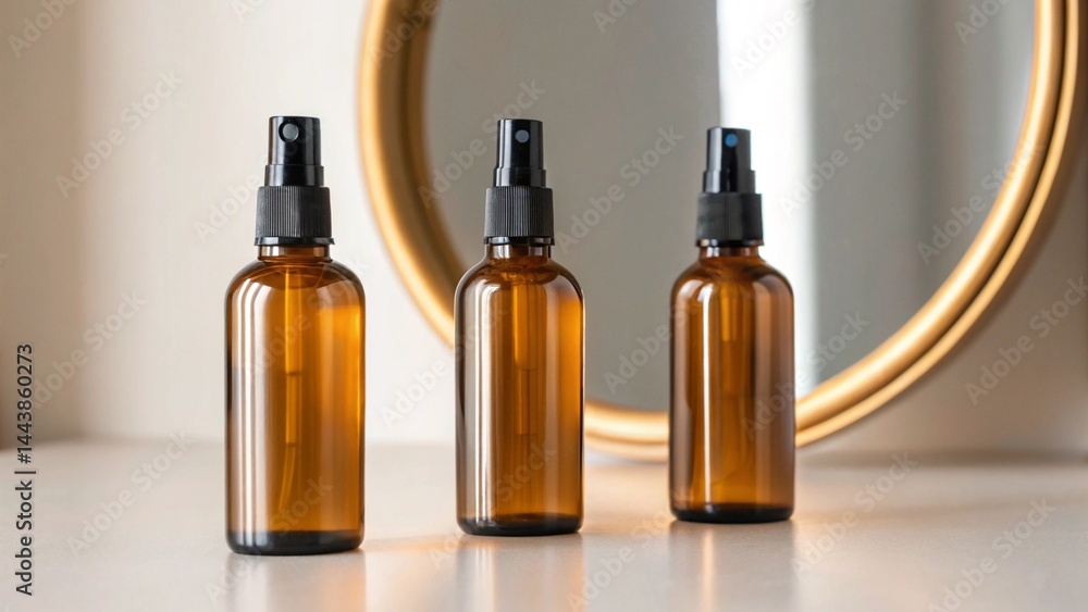 Close-up view of a trio of dark glass bottles with spray tops positioned in front of a blurred mirror reflection, emphasizing their design and suitability for beauty sprays, toners, or essential oil Close-up view of a trio of dark glass bottles with spray tops positioned in front of a blurred mirror reflection, emphasizing their design and suitability for beauty sprays, toners, or essential oil