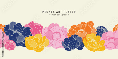 Chinese seamless border with oriental color peony flowers and leaves of line style. Vector color pattern of line flowers. Asian design illustration for wallpaper, card, poster, advertising.