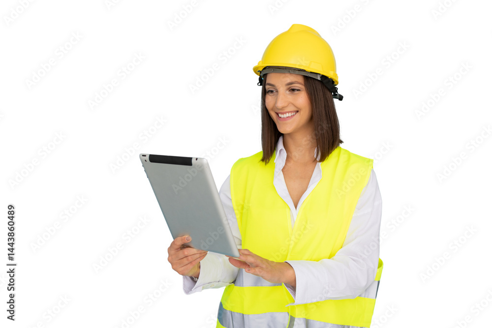 Smiling female architect wearing safety helmet and vest using digital tablet on transparent background, modern technology in construction industry Smiling female architect wearing safety helmet and vest using digital tablet on transparent background, modern technology in construction industry