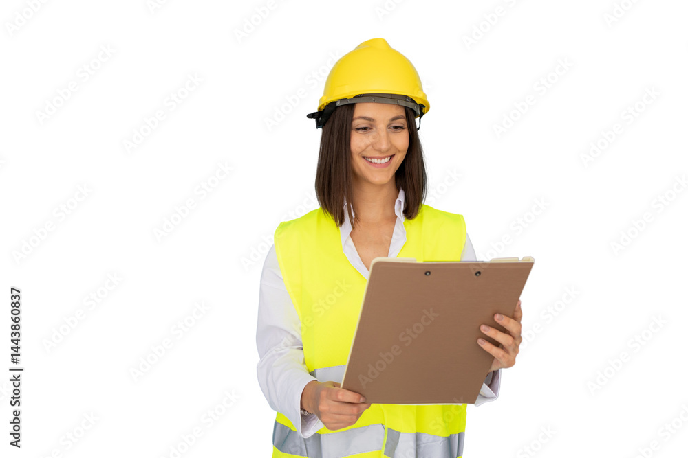 Professional female architect checking construction plans, wearing protective gear, standing against transparent backdrop Professional female architect checking construction plans, wearing protective gear, standing against transparent backdrop