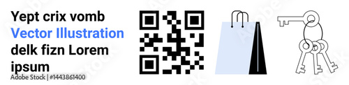 QR code links, shopping bag for e-commerce, key set symbolizing security. Ideal for retail, technology, e-commerce, data sharing, encryption, shopping apps simple landing page