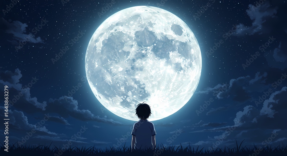 Obraz premium A young boy stands in a field under the night sky, gazing up at a huge, bright moon surrounded by twinkling stars and passing clouds.