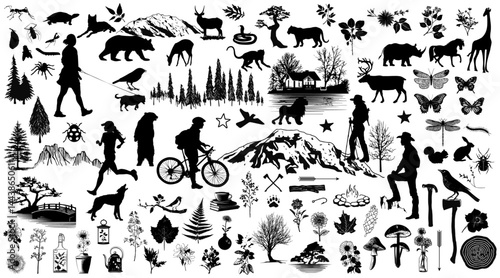 Nature and Activity Silhouettes Pack: A collection of black silhouettes featuring a rich tapestry of elements from the natural world and human activities, arranged in an appealing manner.