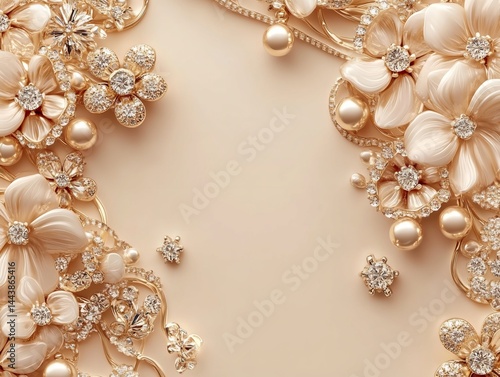 Wallpaper Mural Gold Jewelry with Floral Motifs, Diamonds, and Pearls on Beige Background Torontodigital.ca