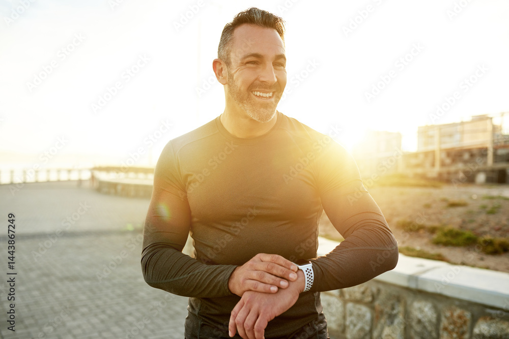 Outdoor, smart watch and man with progress, runner and challenge with tracker, sunshine and time. Person, body health and athlete with digital app, exercise and wellness with monitor and fitness
