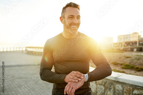Obraz na płótnie Outdoor, smart watch and man with progress, runner and challenge with tracker, sunshine and time. Person, body health and athlete with digital app, exercise and wellness with monitor and fitness w salonie