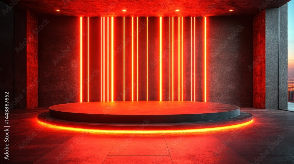 Modern, illuminated stage with red neon accents