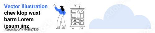 Woman standing by open suitcase filled with organized clothing and essentials, pointing upward. Ideal for travel, planning, organization, minimalism, tourism, packing tips, simple landing page