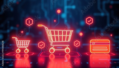 Futuristic Online Shopping Experience with Neon Icons and Digital Network