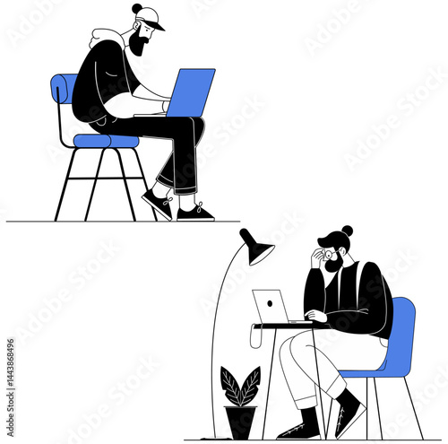 Digital Marketing concept Isolated illustration. Technology Working Man Laptop Computer Work Office Freelance Remote Desk, Internet Online Workspace, Digital Device Workplace. Minimalistic Flat style