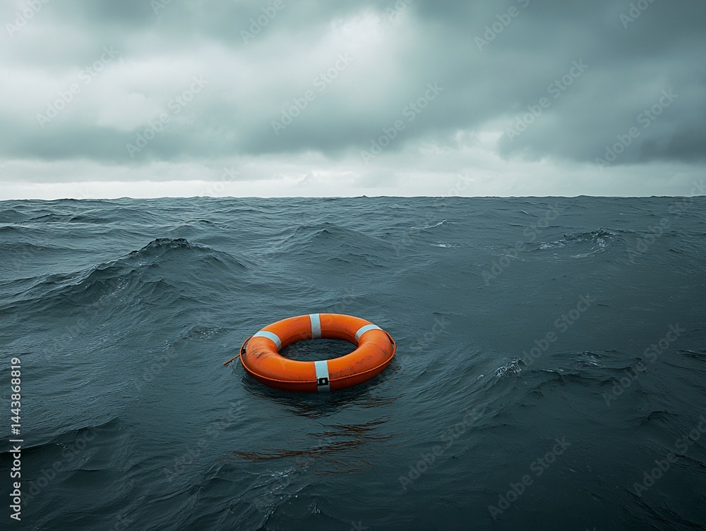 Life Preserver in Turbulent Ocean Under Cloudy Sky