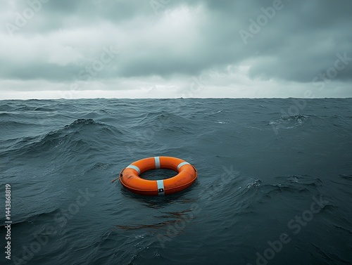 Obraz na płótnie Life Preserver in Turbulent Ocean Under Cloudy Sky w salonie