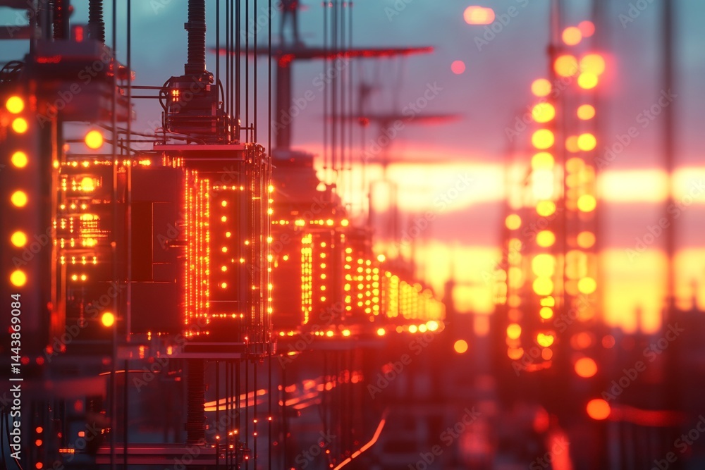 Linear Array of Illuminated Technological Structures at Sunset