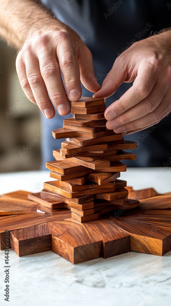 Man Constructing Wooden Block Tower on Base