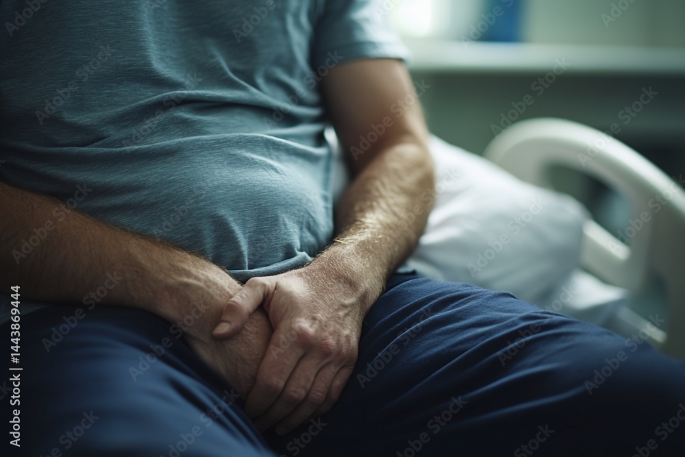 Man Seated in Hospital Bed, Hands Clasped