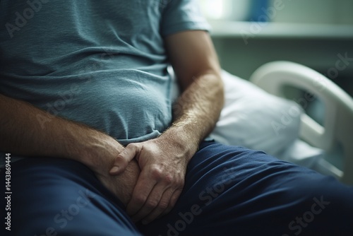 Obraz na płótnie Man Seated in Hospital Bed, Hands Clasped w salonie