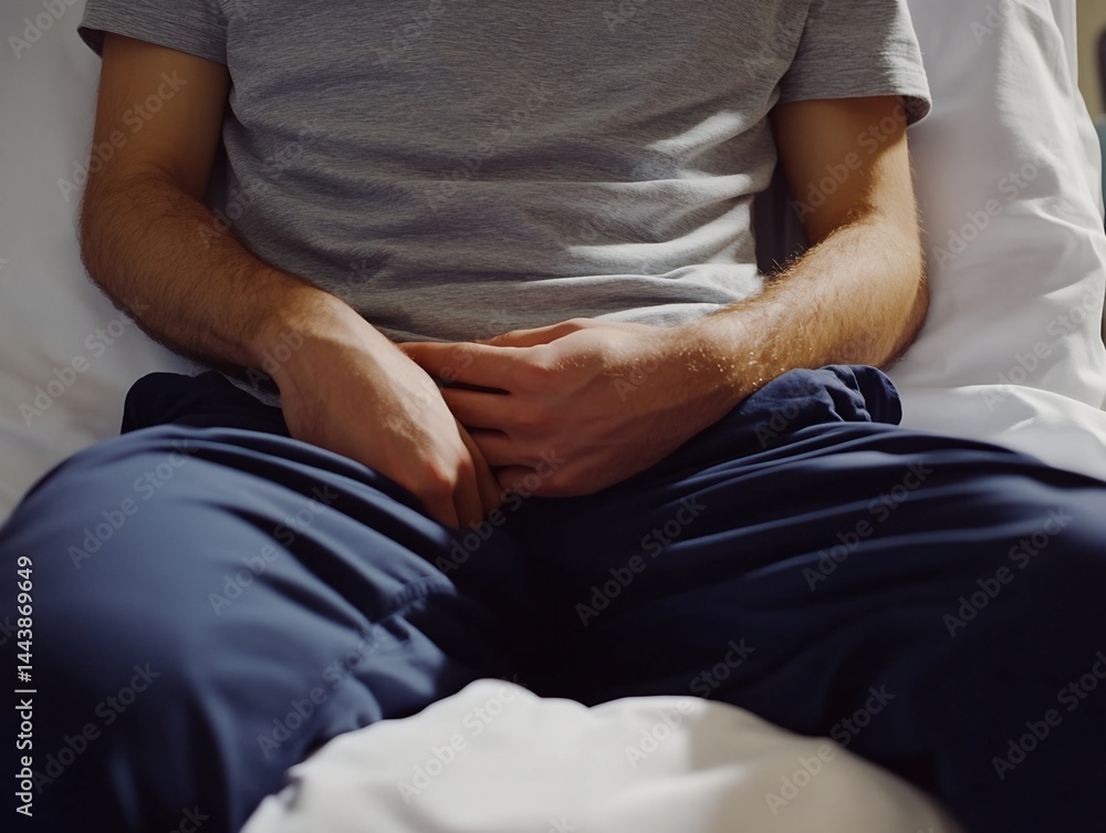 Man Sitting on Bed in Gray T-Shirt and Dark Blue Sweatpants