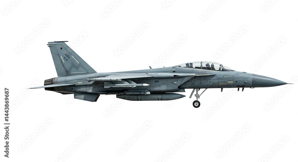 Side view of a gray fighter jet with missiles and fuel tanks against a white background in daylight Side view of a gray fighter jet with missiles and fuel tanks against a white background in daylight