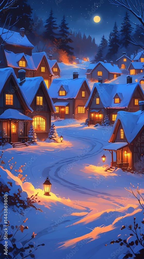Enchanting Winter Night in Cozy Snowy Village: Tranquil Moonlit Landscape with Peaceful Pathway Under Starry Sky Enchanting Winter Night in Cozy Snowy Village: Tranquil Moonlit Landscape with Peaceful Pathway Under Starry Sky