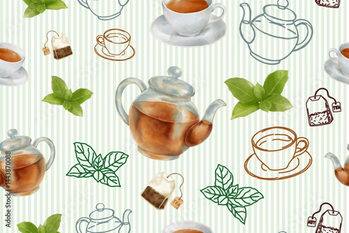 Tea time theme seamless pattern with delicate watercolor element and outline illustration on soft color striped background for tea day moment and for fabric or paper print.