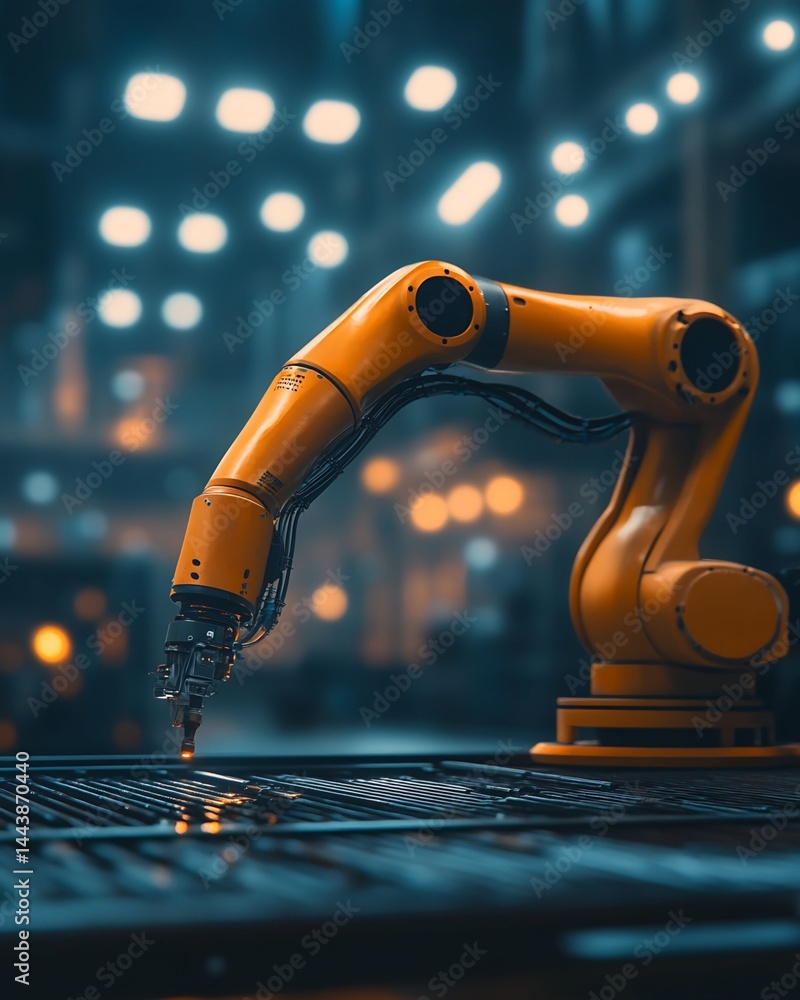 Orange Industrial Robot Arm Performing a Task on Metallic Surface