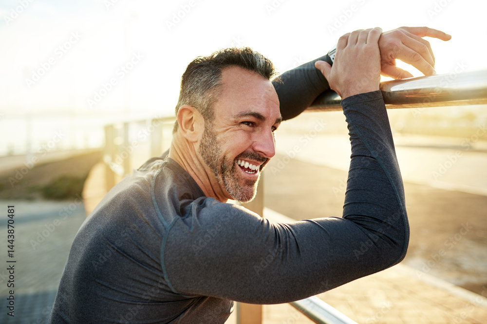 Happy, running and man in morning rest for exercise, marathon training and cardio workout in town. Sports, sunshine and person for wellness, health and recovery for performance, endurance and fitness