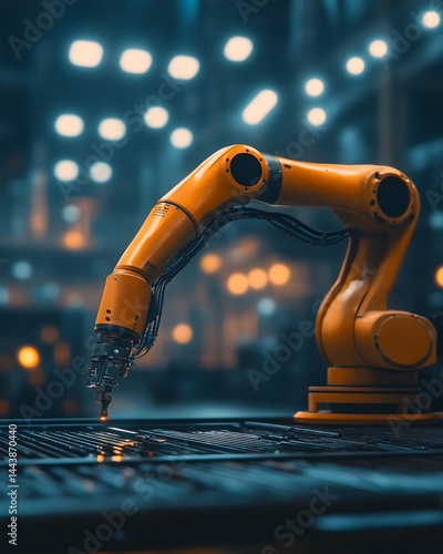 Orange Industrial Robot Arm Performing a Task on Metallic Surface