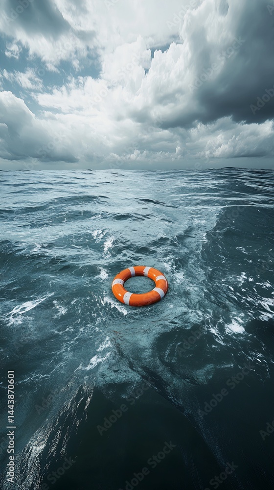 Orange Life Preserver in Turbulent Sea Under Cloudy Sky
