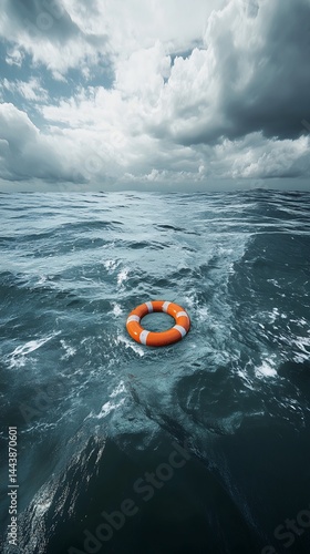 Obraz na płótnie Orange Life Preserver in Turbulent Sea Under Cloudy Sky w salonie