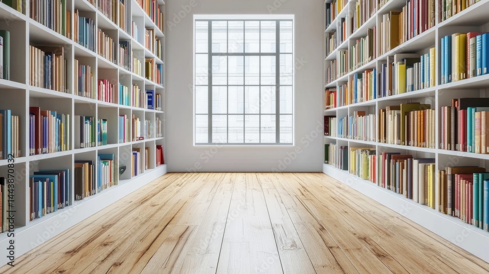 Fototapeta premium Minimalistic library with built-in shelves along white walls and natural wood floor