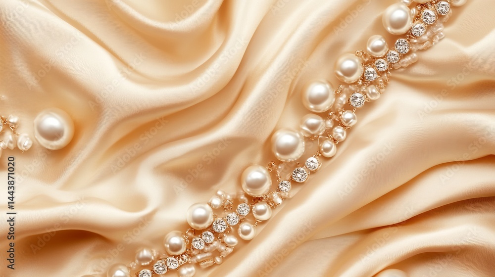 Pearl and Diamond Necklace on Silk Fabric