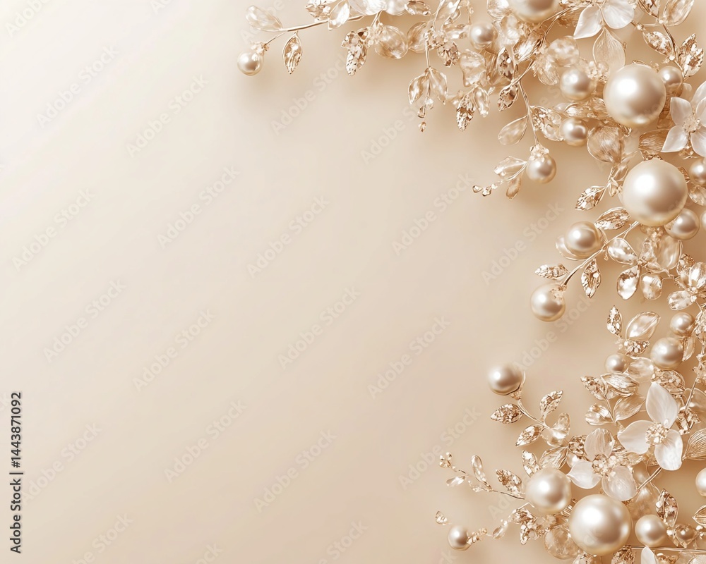 Pearl and Gold Floral Ornaments on Beige Background