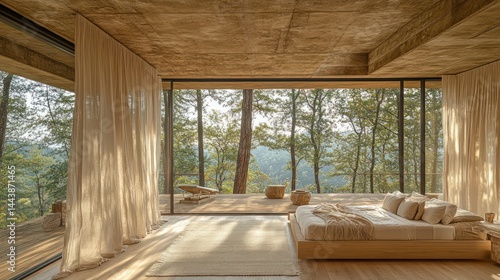 Modern minimalist bedroom with forest view