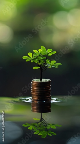 Plant Sprouting from Coin Stack in Water