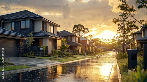 Beautiful Sunrise Over Suburban Houses After Rain Shower in Australia